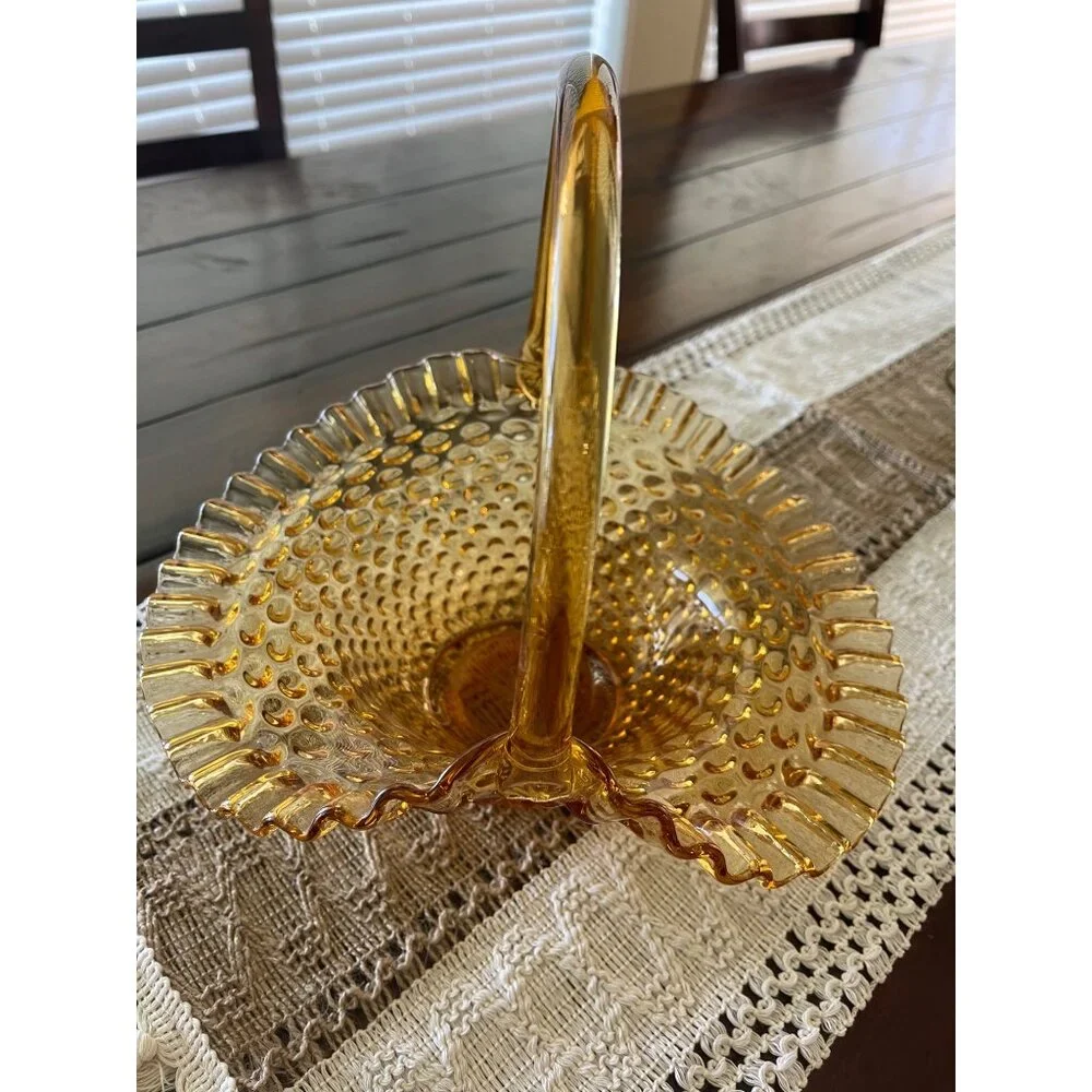 Fenton Hobnail Ruffled Bride Basket Amber Large